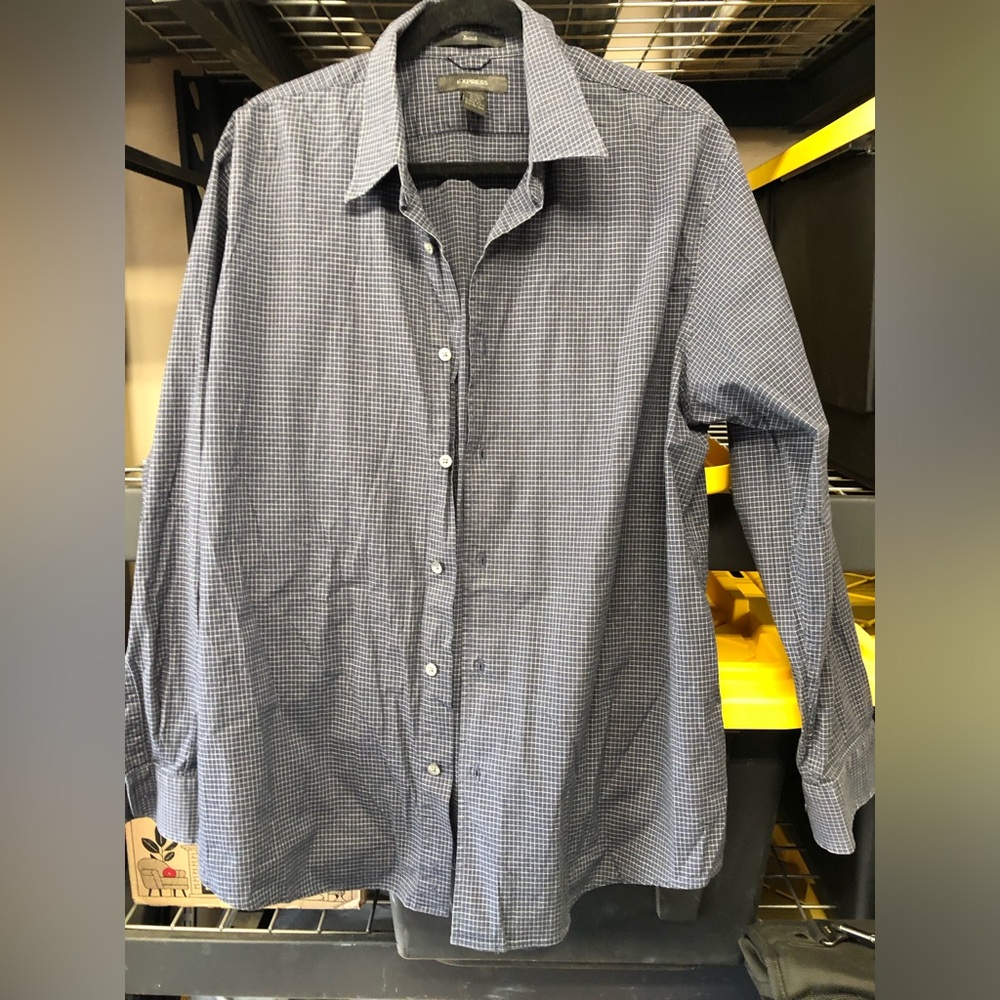 Express Men's Blue and White Mini-Check Dress Shirt, XL